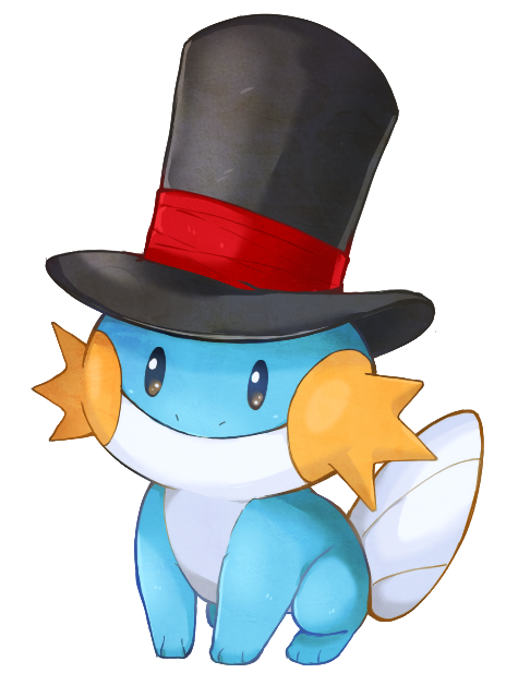 black_headwear closed_mouth clothed_pokemon full_body hat hat_ribbon mudkip no_humans plumsmoke pokemon pokemon_(creature) red_ribbon ribbon smile solo standing top_hat transparent_background