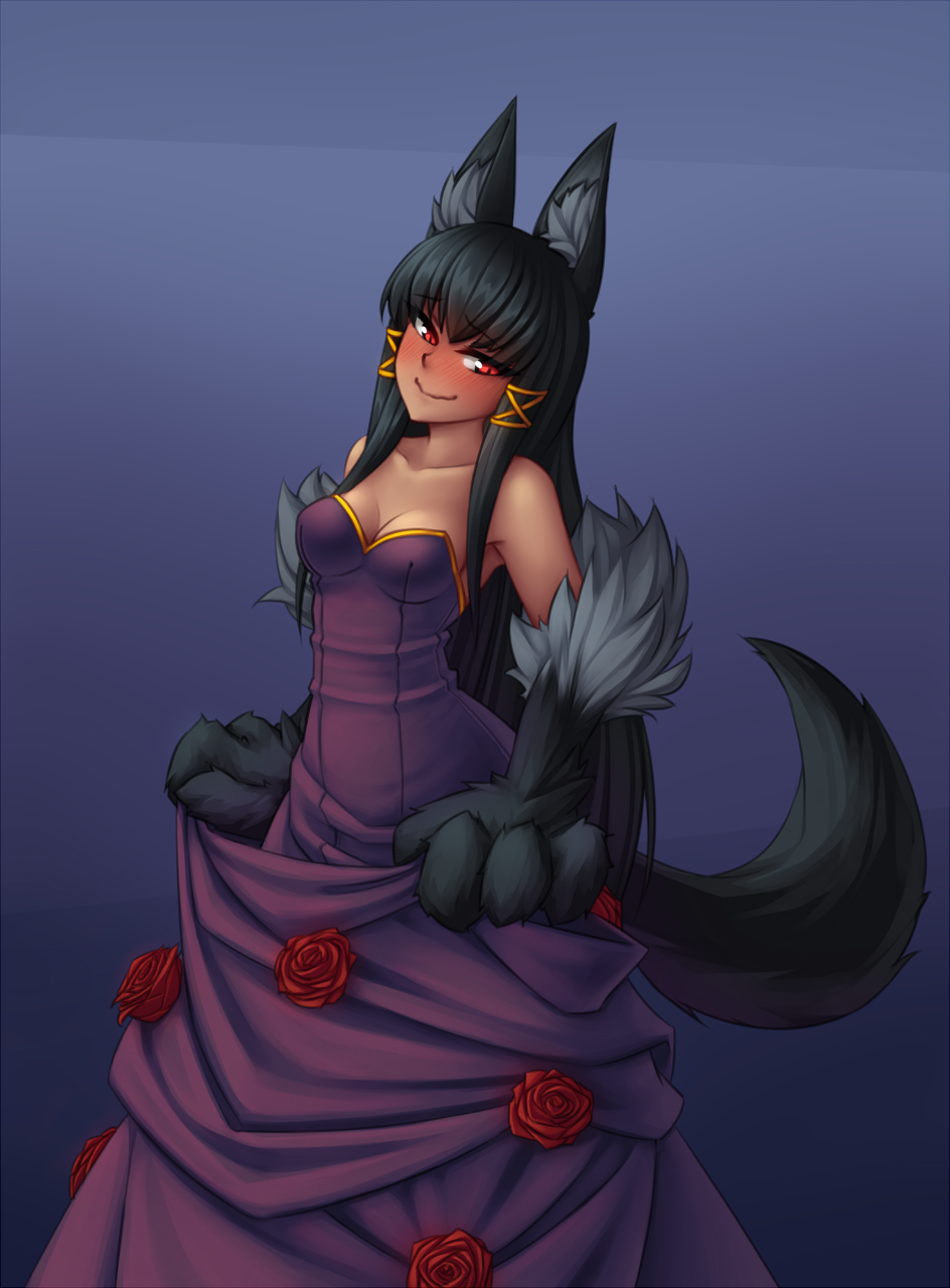 2015 animal_humanoid anubis_(mge) big_ears big_hands blush breasts canid canid_humanoid canine canine_humanoid clothed clothing dress embarrassed female flower fur hair hi_res hime_cut humanoid jackal_humanoid long_hair mammal mammal_humanoid monorus monster_girl_(genre) monster_girl_encyclopedia plant red_eyes rose_(flower) shy sidelocks simple_background solo tail tsundere wavy_mouth