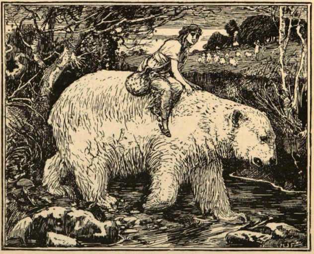 1889 19th_century ancient_art bear clothed clothing east_of_the_sun_and_west_of_the_moon fairy_tales female feral fur h_j_ford human lang's_fairy_books long_fur male mammal monochrome nude outside plant river the_blue_fairy_book tree white_body white_fur