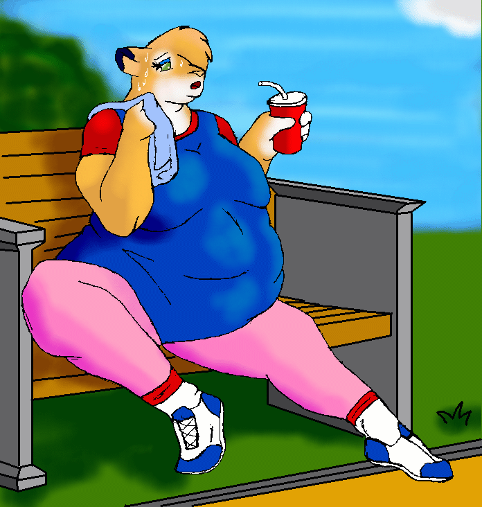 anthro belly bench beverage big_belly big_breasts bodily_fluids bottomwear breasts clothing container cup danellz digital_media_(artwork) exercise_clothing felid female footwear grass green_eyes lion mammal marissa_(marissa) obese obese_anthro obese_female open_mouth overweight overweight_anthro overweight_female pantherine pants plant shoes sitting sky sneakers socks solo straw sweat towel