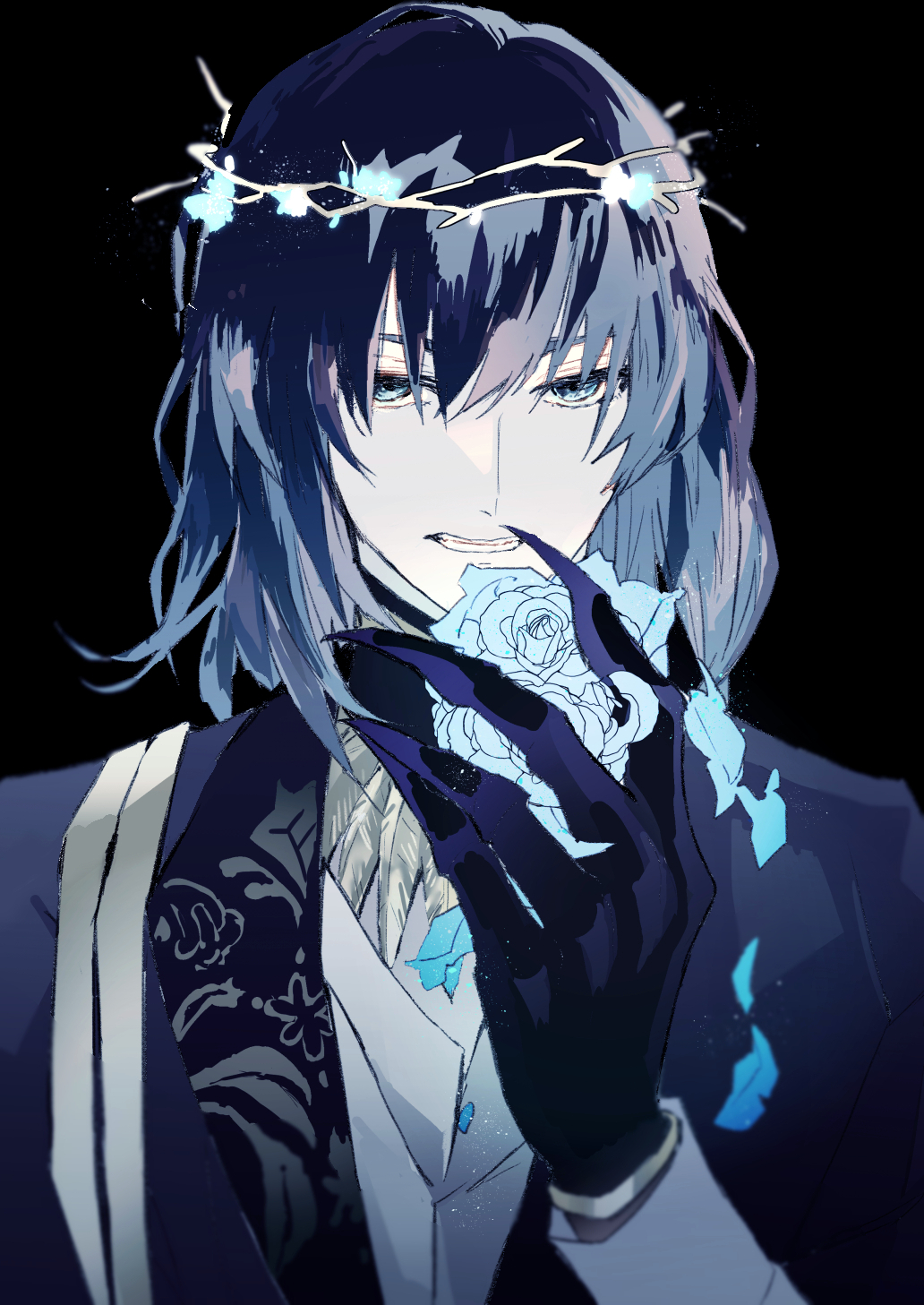 1boy black_background black_hair black_jacket blue_eyes blue_flower blue_rose bracelet collared_shirt fate/grand_order fate_(series) flower head_wreath highres jacket jewelry long_sleeves looking_at_viewer male_focus medium_hair oberon_(fate) oberon_(overnight_dream)_(fate) oberon_(third_ascension)_(fate) petals rose rose_petals shirt simple_background solo upper_body user_ccgs5255 white_shirt