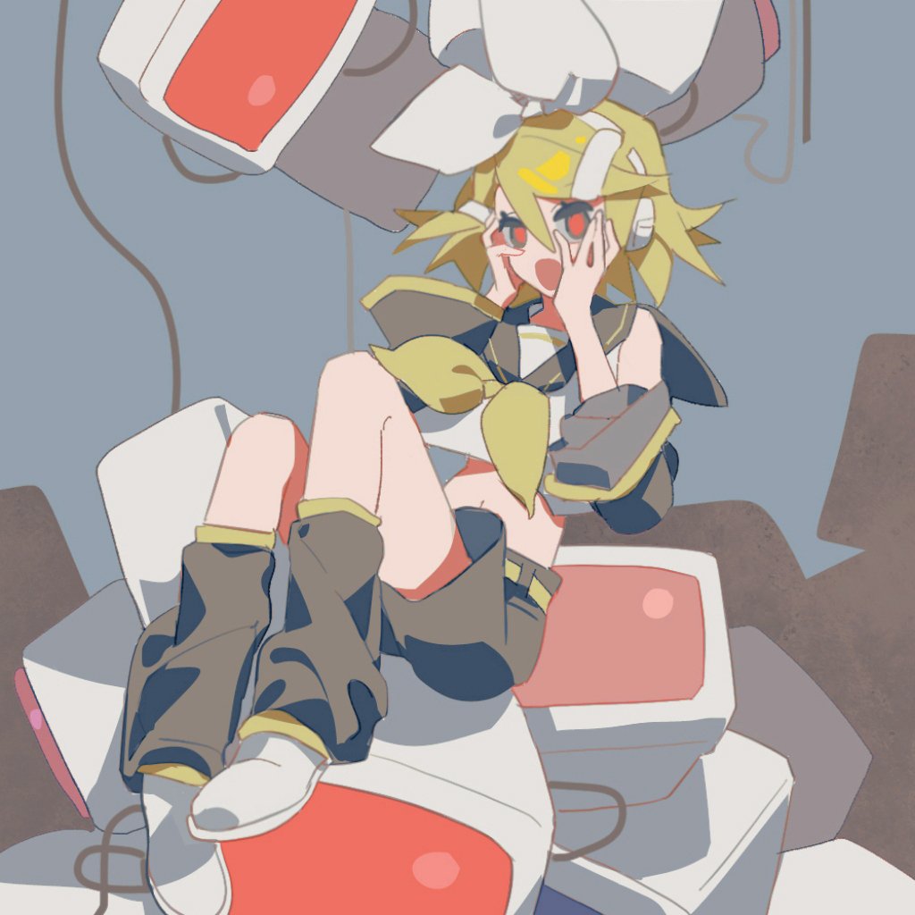 1girl aqua_eyes bare_shoulders black_sailor_collar black_sleeves blonde_hair bow cable chi_ya computer_virus corruption crop_top detached_sleeves hair_bow hair_ornament hairclip hands_on_own_cheeks hands_on_own_face headphones junk kagamine_rin leg_warmers midriff monitor narrow_waist navel neckerchief open_mouth red_pupils sailor_collar sailor_shirt shirt shoes short_hair shorts sitting sleeveless sleeveless_shirt sneakers solo vocaloid white_bow white_footwear wide_sleeves yellow_neckerchief