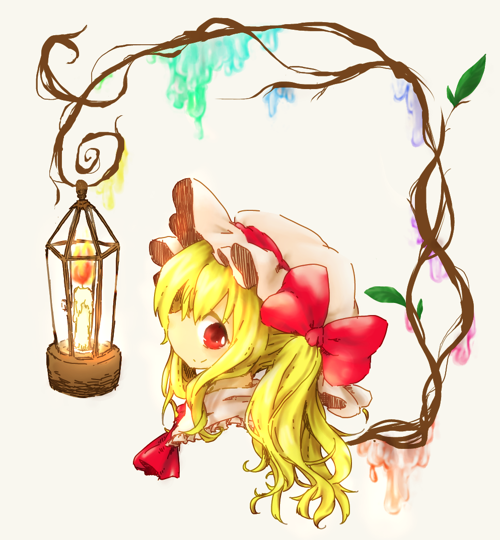 1girl ascot blonde_hair candle candlelight cropped_torso flandre_scarlet frilled_shirt_collar frills from_side grey_background hat hat_ribbon long_hair looking_at_viewer looking_to_the_side mob_cap one_side_up red_ascot red_eyes red_ribbon ribbon simple_background solo tisha_(kimagurenukosan) touhou white_headwear