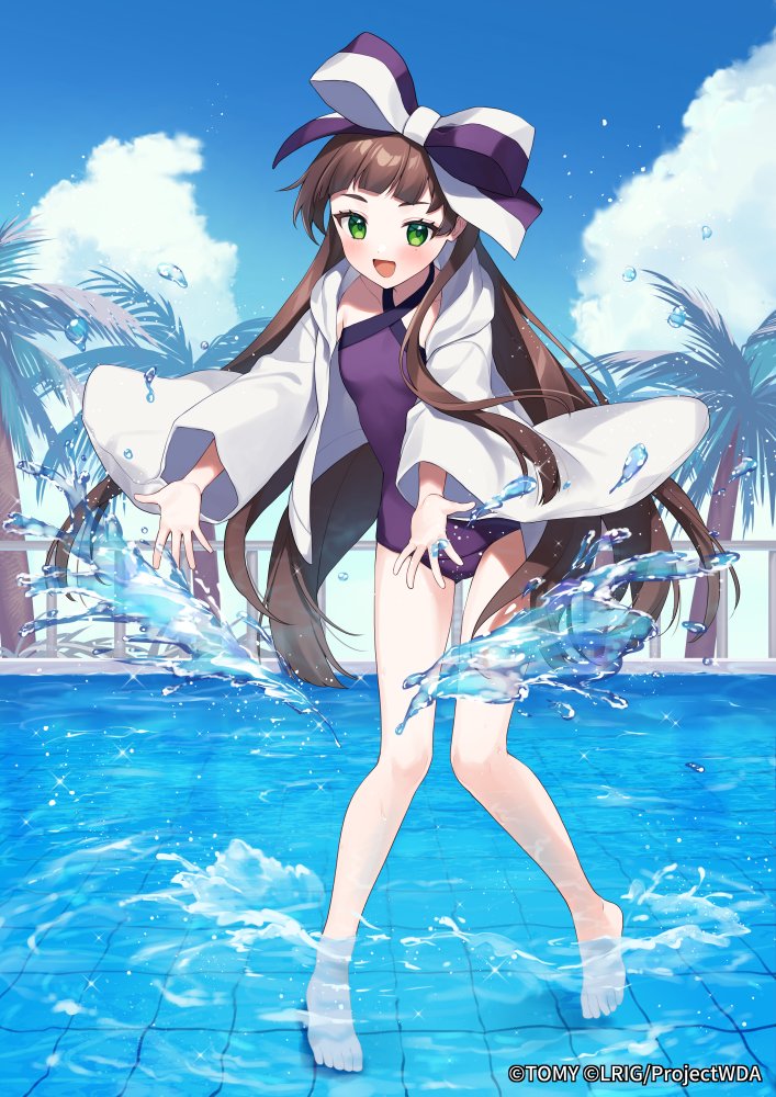 1girl anne_(wixoss) bare_arms barefoot blue_sky bow brown_hair cloud collarbone commentary_request day green_eyes hair_bow halterneck hood hood_down hooded_jacket jacket long_hair long_sleeves official_art one-piece_swimsuit open_clothes open_jacket outdoors palm_tree purple_one-piece_swimsuit railing sky solo splashing standing swimsuit tree very_long_hair water white_jacket wide_sleeves wixoss yamabukiiro