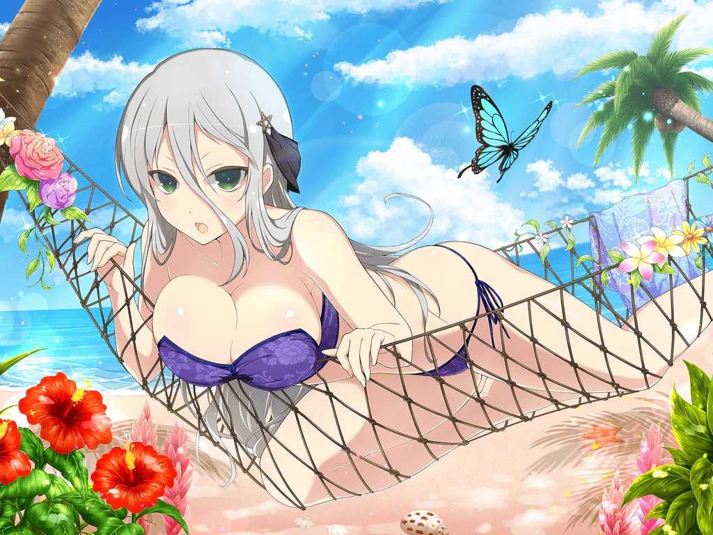 1girl :o beach bikini blue_butterfly blue_sky blush breasts bug butterfly cleavage cloud coconut coconut_tree collarbone day floral_print flower green_eyes grey_hair hair_between_eyes hair_ornament hammock hibiscus horizon large_breasts leaf lens_flare light_particles long_hair looking_at_viewer ocean official_art open_mouth outdoors palm_leaf palm_tree pink_flower pink_rose plant purple_bikini purple_flower purple_rose red_flower rose sand seashell senkou_(senran_kagura) senran_kagura senran_kagura_new_link shell shiny_skin side-tie_bikini_bottom sky solo sparkle starfish strapless strapless_bikini swimsuit tree tropical water white_flower yaegashi_nan yellow_flower