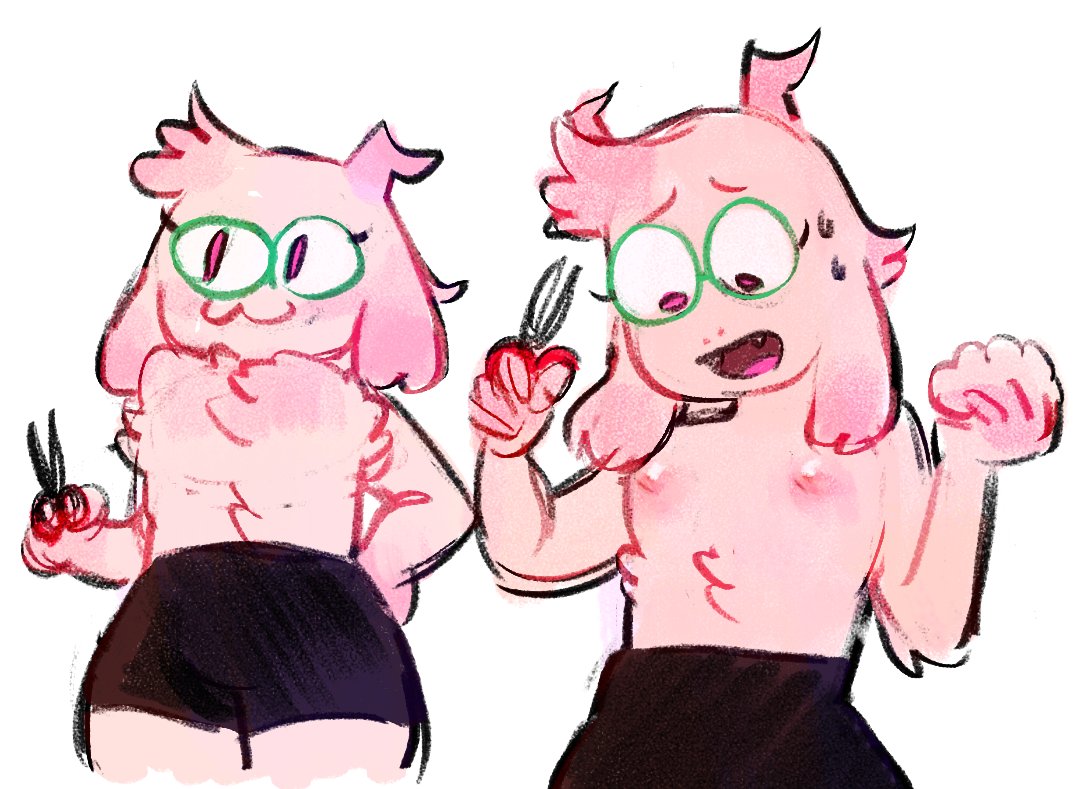 :3 anthro black_bottomwear black_clothing black_shorts bodily_fluids bottomwear bovid caprine chest_tuft clothing cute_fangs darkner deltarune eyelashes eyewear fluffy fluffy_chest girly glasses glistening glistening_nipples goat head_tuft horn humor male mammal nipples personal_grooming pink_eyes ralsei regret scissors shorts simple_background solo sweat sweatdrop trimming_(grooming) tuft undertale_(series) v_rawr white_background wide_hips