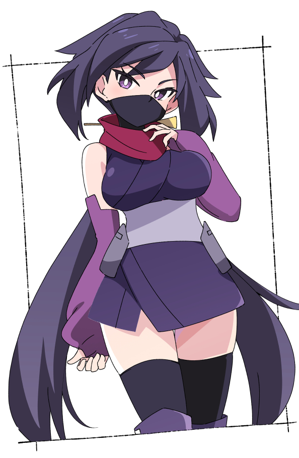 1girl ayame_(gundam_build_divers) black_hair black_mask black_thighhighs breasts detached_sleeves gundam gundam_build_divers ixy large_breasts long_hair looking_at_viewer low_twintails mask mouth_mask ninja purple_eyes purple_sleeves red_scarf scarf solo standing thighhighs thighs twintails very_long_hair white_background