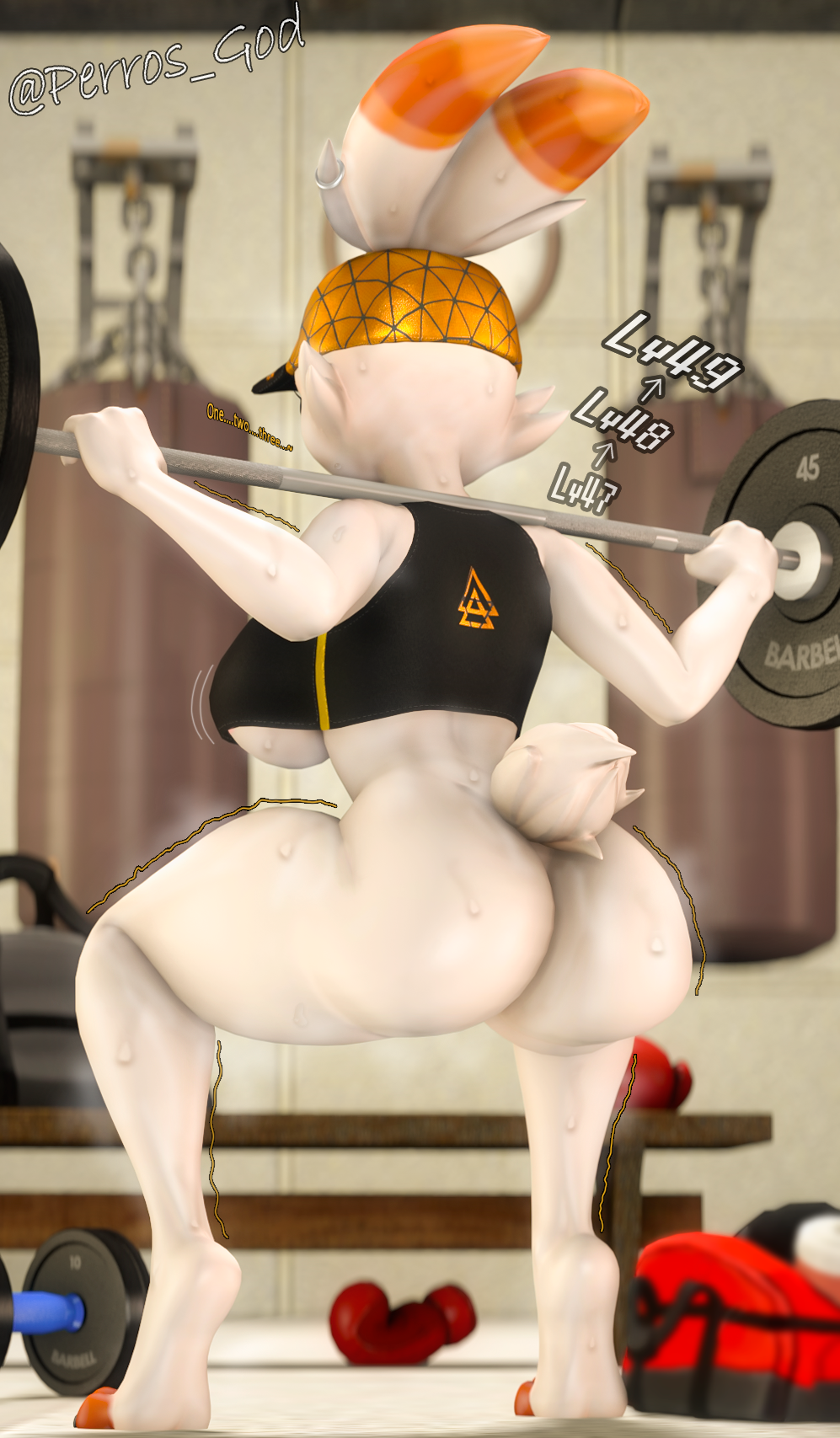 2023 3_toes 3d_(artwork) 4_fingers anthro anthrofied athletic bag baseball_cap bench big_butt black_clothing black_shirt black_topwear bodily_fluids bottomless bottomless_anthro bottomless_female boxing_gloves bra breasts butt butt_focus cheek_tuft clothed clothing curvy_figure digital_media_(artwork) ear_piercing ears_through_headwear exercise exercise_clothing exercise_equipment facial_tuft feet female fingers fur generation_8_pokemon gold_(metal) gold_jewelry gym gym_clothing hair handwear hat headgear headwear hi_res hourglass_figure jewelry lagomorph looking_away mammal midriff multicolored_ears navel nintendo pantsless partially_clothed perros_god piercing pokemon pokemon_(species) punching_bag scorbunny scorbunny_(valorlynz) scut_tail shirt short_tail small_tail solo source_filmmaker sports_bra sportswear spread_legs spreading steam steaming_body steamy_breath sweat sweatdrop sweaty_body sweaty_butt tail tail_tuft thick_thighs thigh_gap tiptoes toes toned_female topwear tuft underwear valorlynz voluptuous wet wet_body wet_clothing wet_hair white_body white_fur wide_hips
