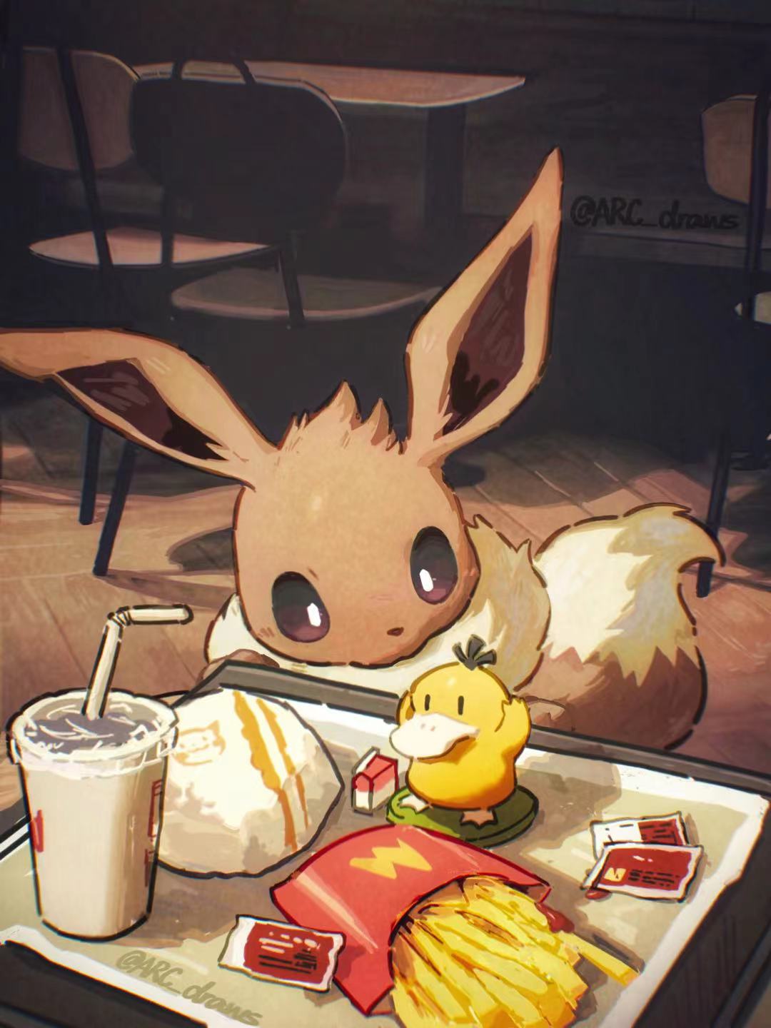 arc_draws bright_pupils chair commentary_request condiment_packet cup disposable_cup drinking_straw eevee food food_wrapper french_fries highres indoors looking_down mcdonald's no_humans pokemon pokemon_(creature) psyduck solo table tray white_pupils