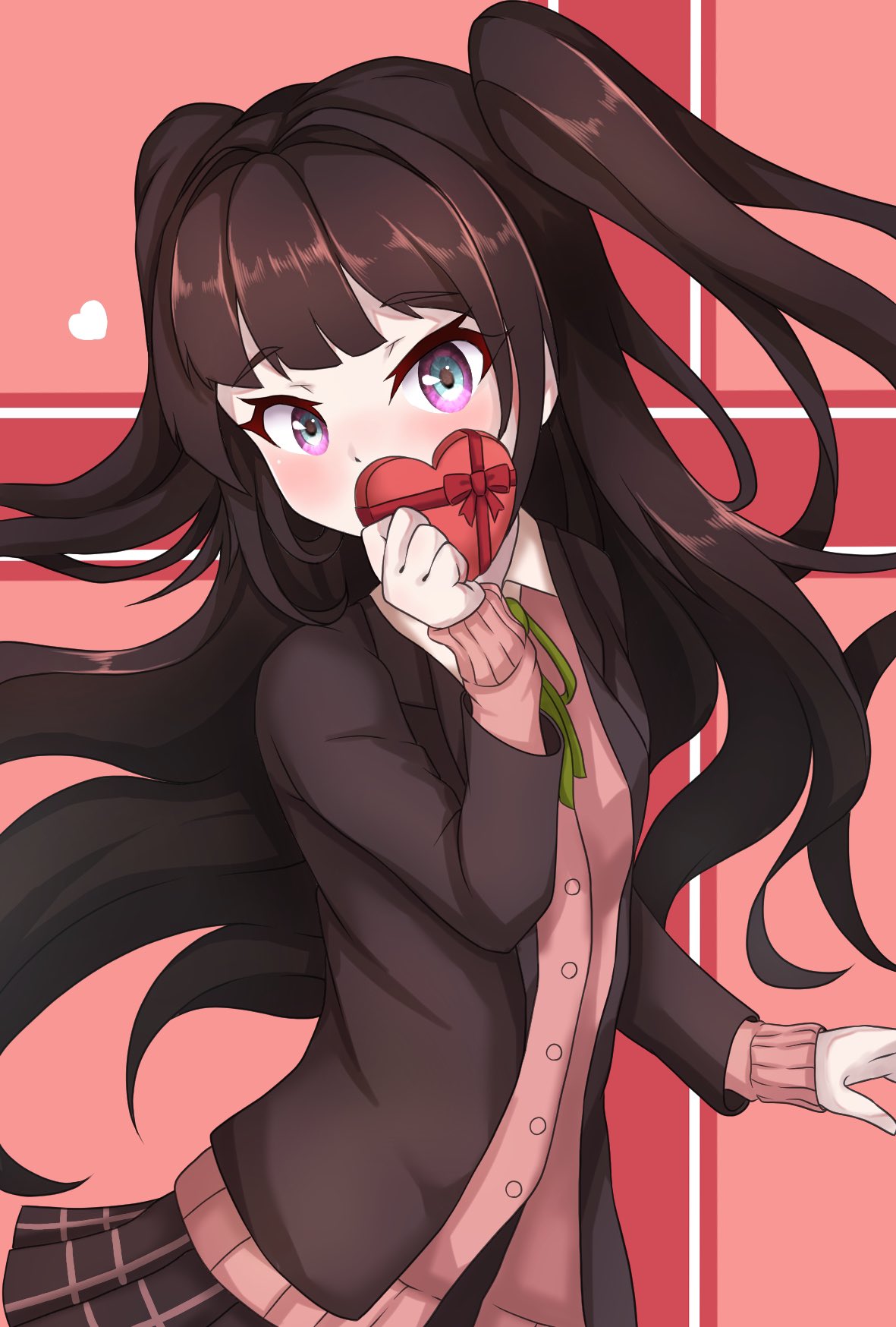 1girl alternate_costume blazer blue_eyes blunt_bangs candy cardigan chocolate collared_shirt covering_mouth eyelashes floating_hair food fu_u_zuki fuuchingiri_mitsuyo gift gradient_eyes green_ribbon heart heart-shaped_chocolate highres holding holding_gift jacket multicolored_eyes open_clothes open_jacket pink_cardigan pleated_skirt purple_eyes ribbon shirt skirt solo tenka_hyakken two_side_up