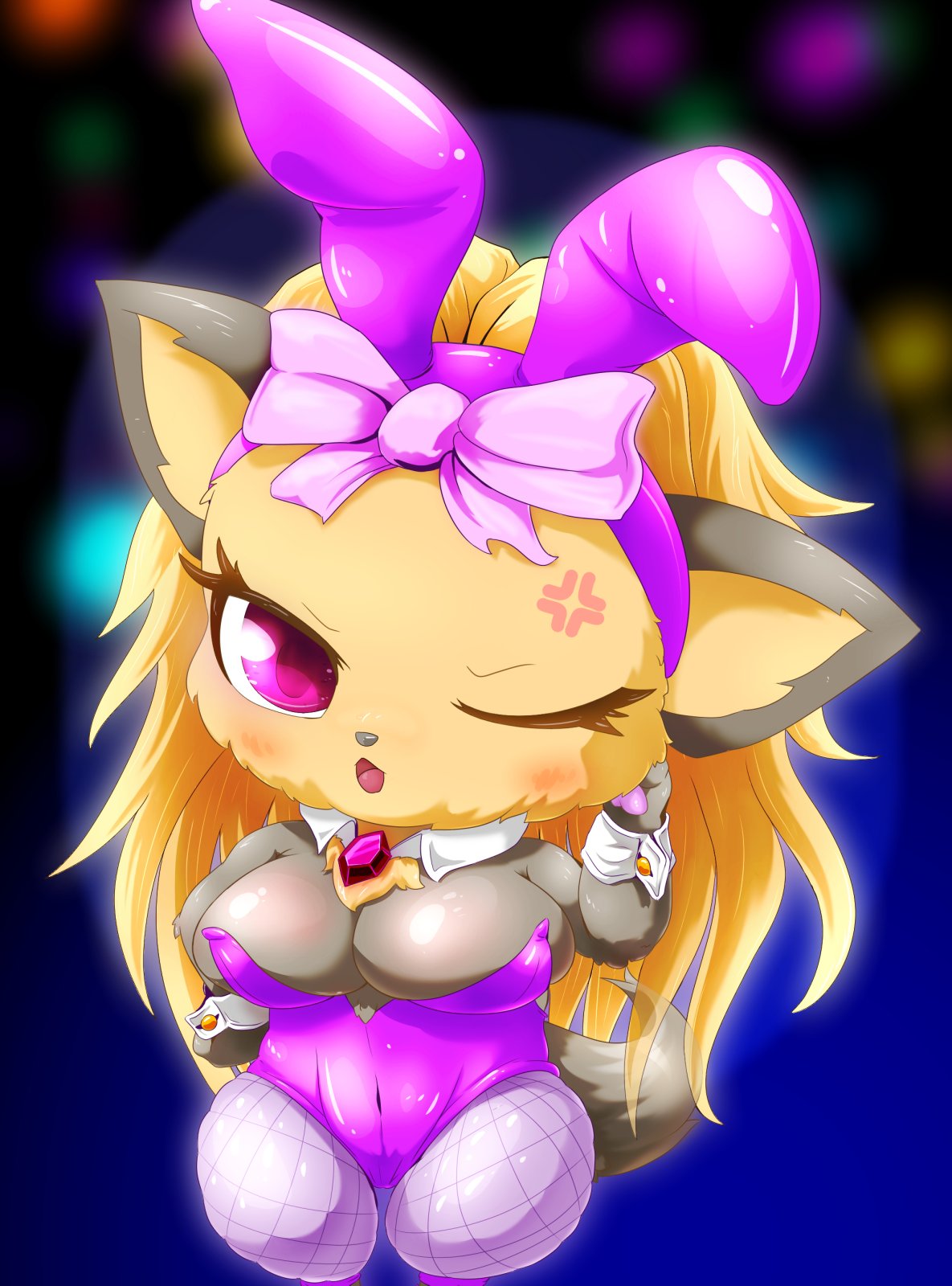 anthro big_breasts blush breasts bunny_costume canid canine canis chibi clothing collar colorful colorful_background costume cuffs_(clothing) domestic_dog female fishnet fishnet_legwear fluffy fluffy_tail hair hi_res hunting_dog jewelpet legwear lights long_hair looking_annoyed looking_at_viewer mammal moto_tsuchi one_eye_closed purple_eyes ribbons sanrio semi-anthro solo tail terrier topaz_(jewelpet) yorkshire_terrier