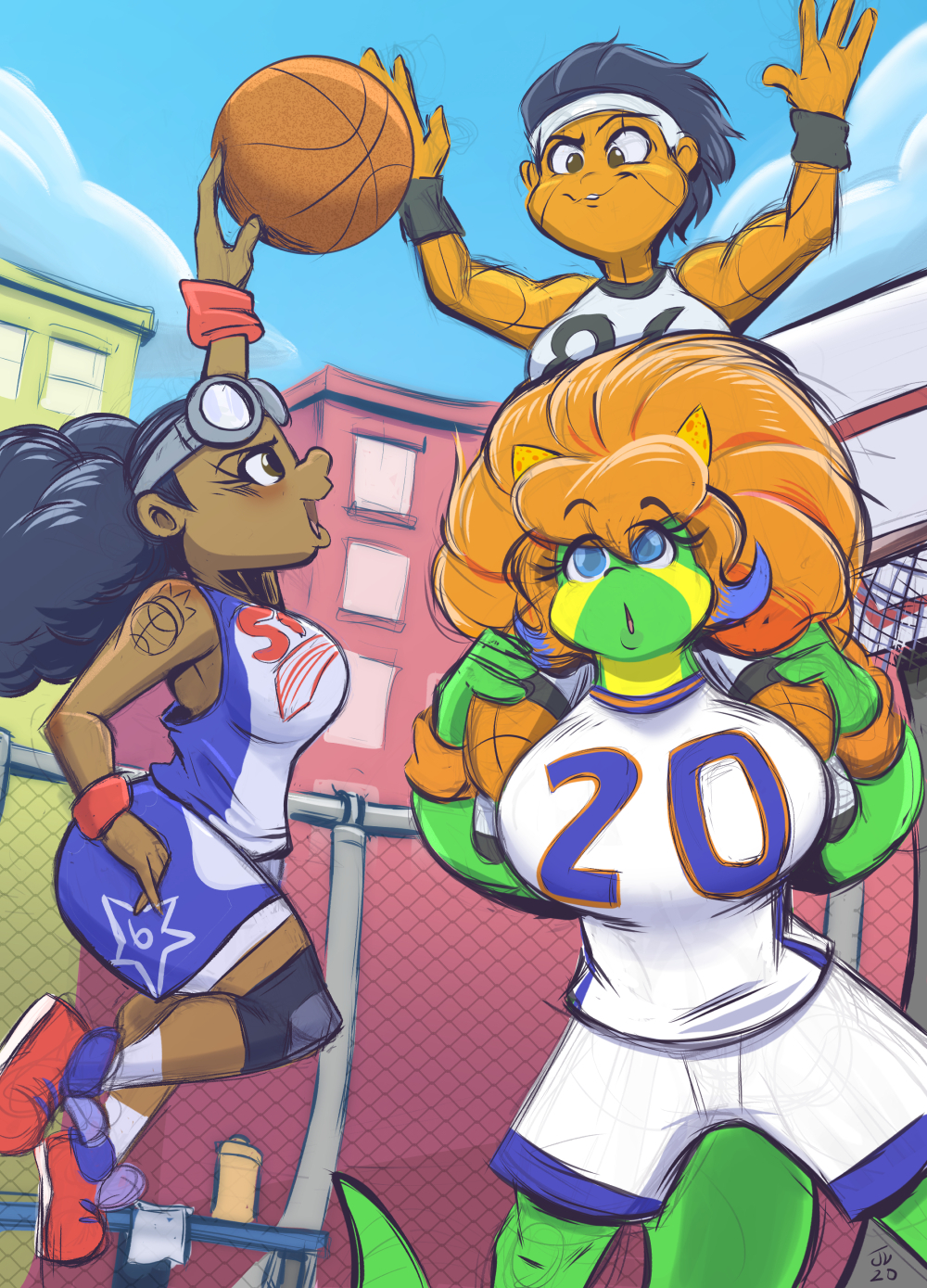 2020 accessory animate_inanimate anthro arm_tattoo ball basketball basketball_(ball) basketball_court basketball_uniform big_breasts black_hair blue_eyes bottomwear breasts brown_eyes carrying clothing connie_(nyctwins) curvy_figure dark_body dark_skin dated detailed_background digital_drawing_(artwork) digital_media_(artwork) eyelashes eyewear female fingers footwear goggles green_body green_scales group hair headband hi_res human jersey joelasko knee_pads lizard long_hair long_tail mammal multicolored_body multicolored_scales orange_body orange_hair orange_skin outside piggyback reptile scales scalie shoes short_hair shorts signature sneakers sportswear tail tattoo trio two_tone_body two_tone_scales uniform voluptuous yellow_body yellow_scales