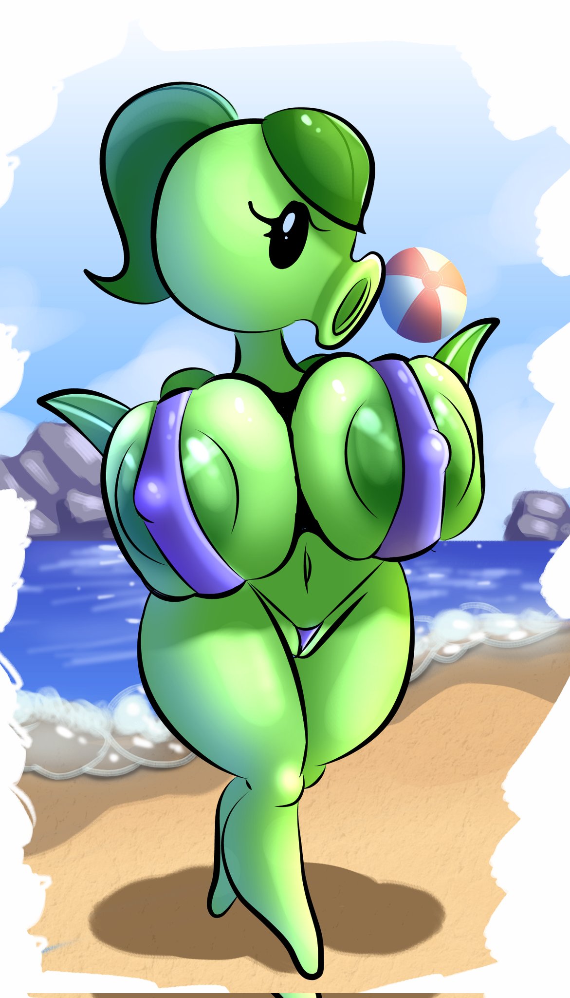 areola ball beach beach_ball big_breasts bikini breasts clothing doregami electronic_arts elemental_creature elemental_humanoid female flora_fauna green_areola green_body hi_res humanoid inflatable navel nipple_outline not_furry outside peashooter_(pvz) plant plant_humanoid plants_vs._zombies popcap_games seaside solo swimwear water