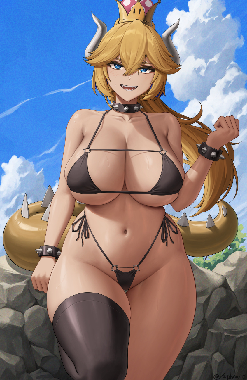 1girl bikini black_bikini black_choker black_thighhighs blonde_hair blue_eyes bowsette breasts choker collarbone commentary crown english_commentary hair_between_eyes hand_up highleg highleg_bikini highres horns large_breasts long_hair looking_at_viewer mario_(series) navel new_super_mario_bros._u_deluxe open_mouth outdoors ponytail sharp_teeth side-tie_bikini_bottom single_thighhigh smile solo spiked_choker spikes super_crown swimsuit tail teeth thighhighs thighs underboob zaphn