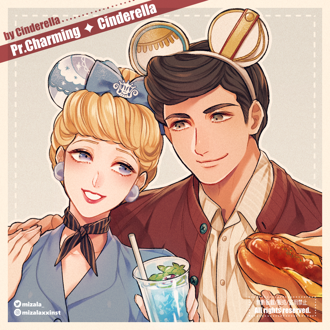 1boy 1girl black_hair black_ribbon blonde_hair blue_bow blue_eyes blue_shirt bow character_name chili_dog cinderella cinderella_(disney) copyright_name cup earrings grey_background hair_bow hair_bun hair_up hand_on_another's_shoulder hand_on_own_shoulder hetero holding holding_cup instagram_username jewelry mickey_mouse_ears mizala neck_ribbon prince_charming_(disney) ribbon shirt simple_background smile twitter_username upper_body watermark white_shirt