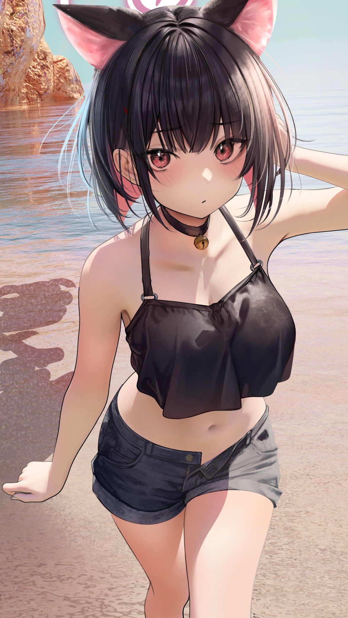 1girl alternate_costume animal_ears bare_shoulders beach black_choker black_hair blue_archive blush breasts cat_ears choker colored_inner_hair crop_top extra_ears halo highres kazusa_(blue_archive) looking_at_viewer medium_breasts multicolored_hair nanaken_nana navel open_fly outdoors pink_hair red_eyes short_hair short_shorts shorts solo two-tone_hair