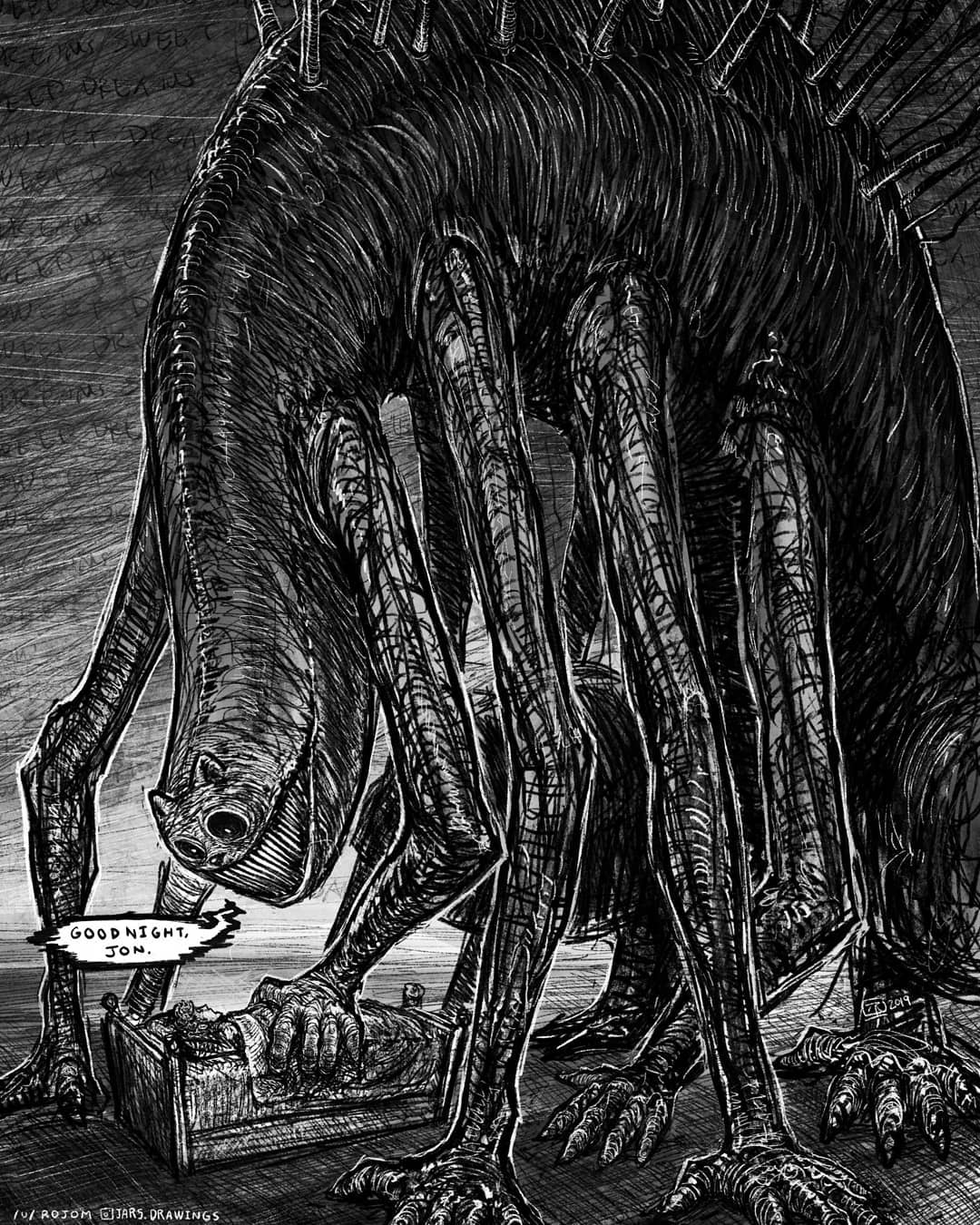 2019 animal_ears bed bed_sheet black_sclera cat cat_ears colored_sclera commentary dated english_commentary evil_smile extra_ears extra_hands garfield garfield_(character) giant giant_monster graphite_(medium) greyscale highres horrified horror_(theme) instagram_logo instagram_username jon_arbuckle jr_(jarsarts) monochrome monster sketch smile traditional_media white_eyes wire