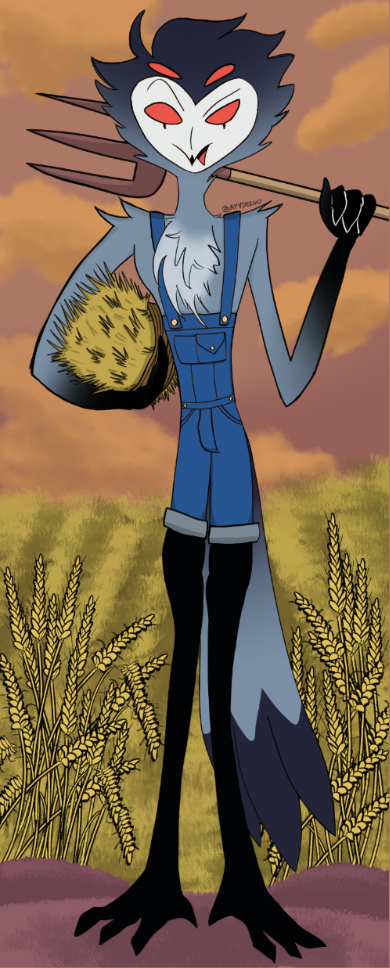 anthro avian ayydeego chest_tuft clothing cloud demon farming field helluva_boss holding_object holding_pitchfork holding_tool male outside overalls overalls_only pitchfork red_eyes sky solo standing stolas_(helluva_boss) tools tuft wheat