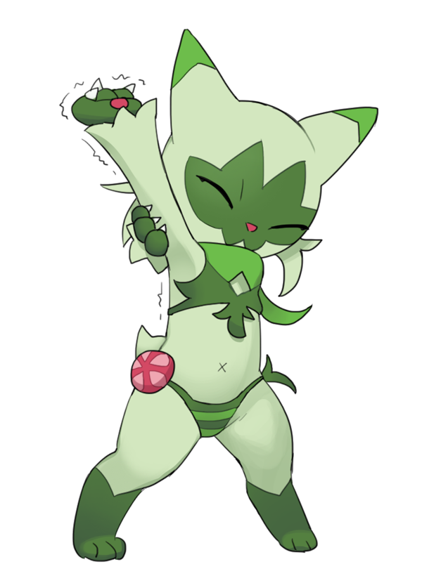 anthro clothed clothing eyes_closed female floragato generation_9_pokemon green_body nintendo pokemon pokemon_(species) simple_background solo tosx underwear white_background