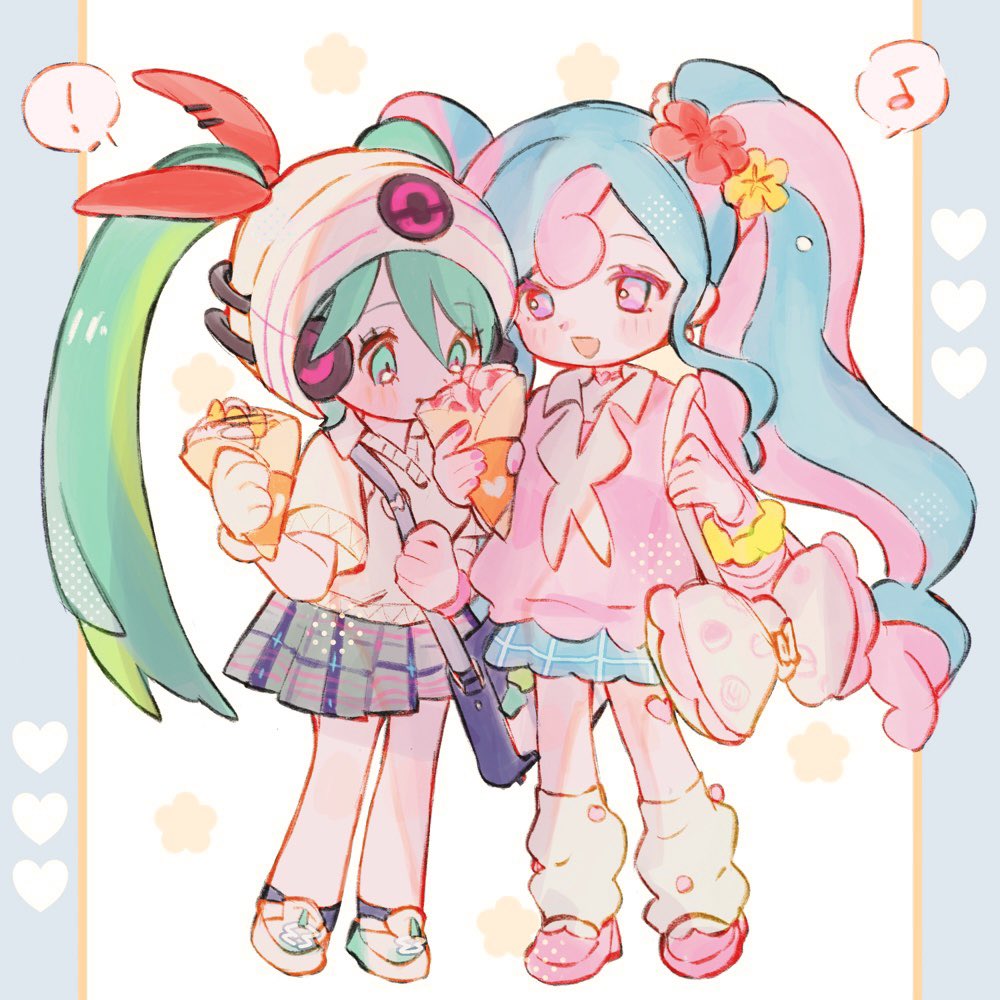 2girls :d aqua_eyes aqua_hair bag beanie blue_hair blue_skirt crepe cushion fairy_miku_(project_voltage) flower food grey_skirt hair_flower hair_ornament hat hatsune_miku headphones holding holding_food leg_warmers long_hair long_sleeves multicolored_hair multiple_girls piano_print pink_eyes pink_footwear pink_hair pink_sweater pleated_skirt polo_shirt ponpul project_voltage psychic_miku_(project_voltage) scrunchie shoulder_bag skirt smile sweater twintails two-tone_hair very_long_hair vocaloid white_footwear white_headwear