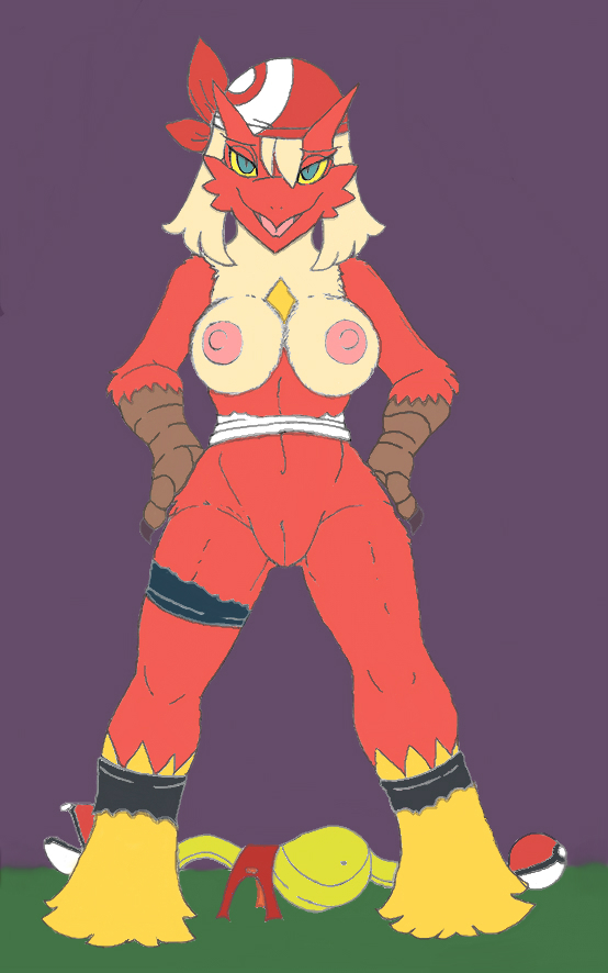 after_transformation alternate_species anthro aroused aroused_face aroused_smile avian bandanna bare_shoulders beak bedroom_eyes big_breasts bird black_claws blaziken blonde_hair blue_eyes bottomless breasts chicken claws clothed clothing enjoying erect_nipples eyelashes fanny_pack female fingers footwear front_view fur galliform gallus_(genus) generation_3_pokemon genitals grass hair hand_on_butt huge_breasts ivanks kerchief looking_at_viewer lust_transformation may_(pokemon) medium_hair mental_transformation mostly_nude narrowed_eyes navel nintendo nipples non-mammal_breasts non-mammal_nipples open_mouth panties phasianid plant pokeball pokemon pokemon_(species) pupils pussy red_body red_clothing red_fur red_panties red_underwear reix seductive simple_background slit_pupils socks solo species_transformation spread_legs spreading standing talon_hands tan_body tan_fur thick_thighs tongue topless torn_clothing torn_footwear torn_panties torn_socks torn_underwear transformation underwear yellow_body yellow_fur yellow_sclera