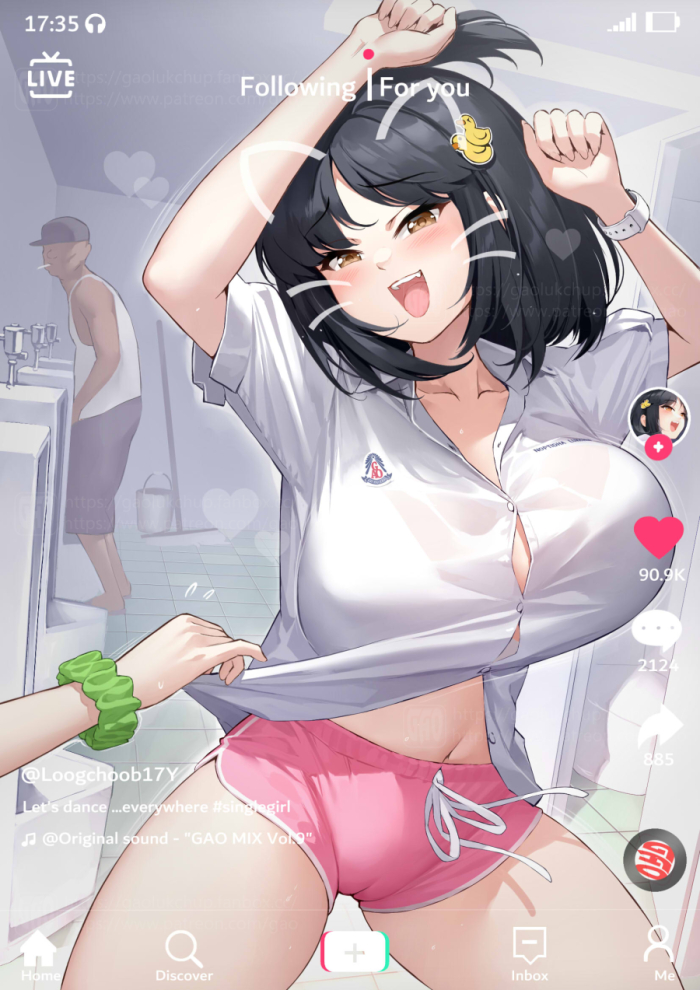 1girl black_hair bra_visible_through_clothes breasts cameltoe dancing face_filter gao_(gaolukchup) large_breasts school_uniform see-through see-through_shirt shirt short_hair short_shorts short_sleeves shorts tiktok wet wet_clothes wet_shirt white_shirt