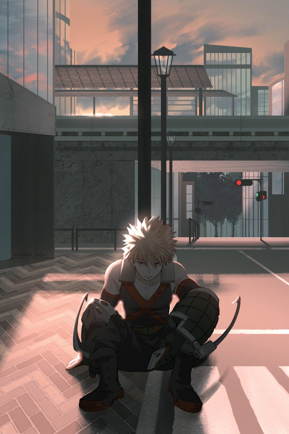 1boy ankle_boots arm_on_knee arm_rest backlighting baggy_pants bakugou_katsuki bare_shoulders belt black_footwear black_pants black_tank_top blonde_hair boku_no_hero_academia boots cellphone city closed_mouth cloud cloudy_sky colored_shoe_soles combat_boots commentary crosswalk detached_sleeves evening glass_wall gloves green_gloves hair_between_eyes hand_on_ground highres holding holding_phone knee_pads knees_up lamppost light looking_at_viewer m_legs male_focus orange_gloves orange_sky outdoors overpass pants pavement pedestrian_lights phone railing red_eyes road sanpaku scenery sett shade shadow short_hair sitting sky sleeveless smartphone solo spiked_hair straight-on street tank_top traffic_light twitter_username two-tone_gloves v-neck x yorha_2b2e