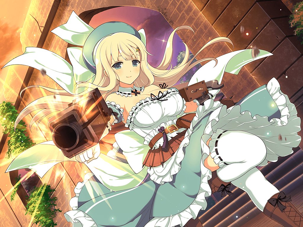 1girl apron arm_cannon arm_mounted_weapon bare_shoulders belt belt_pouch beret black_bow blonde_hair blunt_bangs blush bow breasts brown_belt brown_footwear cleavage cloud crossbow detached_collar dress evening firing frilled_thighhighs frills gloves green_eyes green_headwear hair_ornament hairclip handle hat hat_bow ivy large_breasts light_particles long_hair looking_at_viewer official_art pouch ribbon_trim senran_kagura senran_kagura_new_link senran_kagura_shoujo-tachi_no_shin'ei shiny_skin sky smile solo sparkle stairs standing standing_on_one_leg thighhighs waist_bow weapon white_gloves white_thighhighs yaegashi_nan yomi_(senran_kagura)