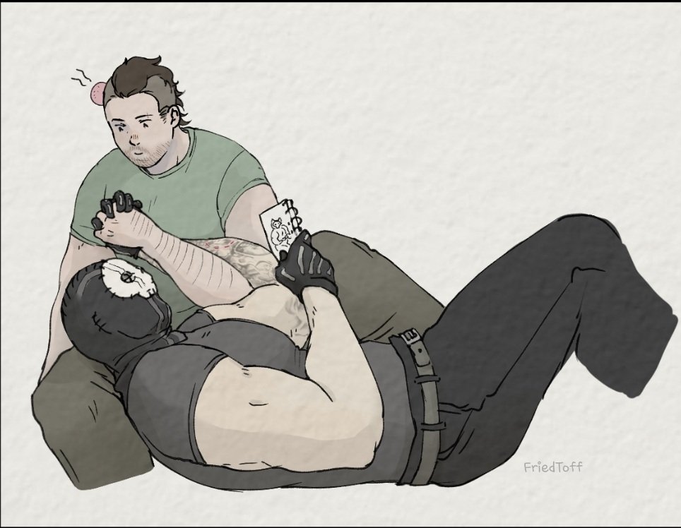 2boys alternate_costume arm_hair arm_tattoo bara beard_stubble black_hair blank_eyes blank_stare call_of_duty call_of_duty:_modern_warfare_2 couple cropped_legs doodles flat_color friedtoff ghost_(modern_warfare_2) holding_hands interlocked_fingers lap_pillow large_pectorals looking_at_another lying male_focus mask mature_male multiple_boys muscular muscular_male mustache_stubble on_back pants pectorals shirt short_hair skull_mask soap_(modern_warfare_2) solid_oval_eyes t-shirt tattoo yaoi