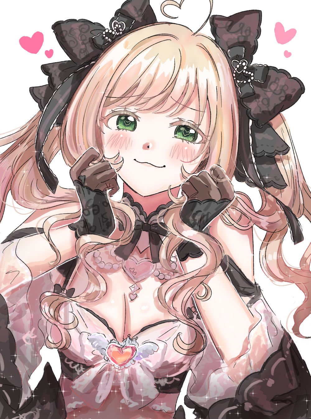 1girl :3 black_bow black_dress black_gloves black_ribbon blush bow breasts brown_hair cleavage detached_sleeves dress eyelashes facing_viewer frilled_dress frills futomayugorou gem gloves green_eyes hair_bow hair_ribbon heart heart-shaped_pupils highres holding_own_hair idolmaster idolmaster_cinderella_girls idolmaster_cinderella_girls_starlight_stage lace-trimmed_ribbon lace_trim long_hair looking_at_viewer multiple_hair_bows official_alternate_costume ribbon sato_shin see-through_gloves smile solo swept_bangs symbol-shaped_pupils tareme twintails upper_body wavy_hair white_background