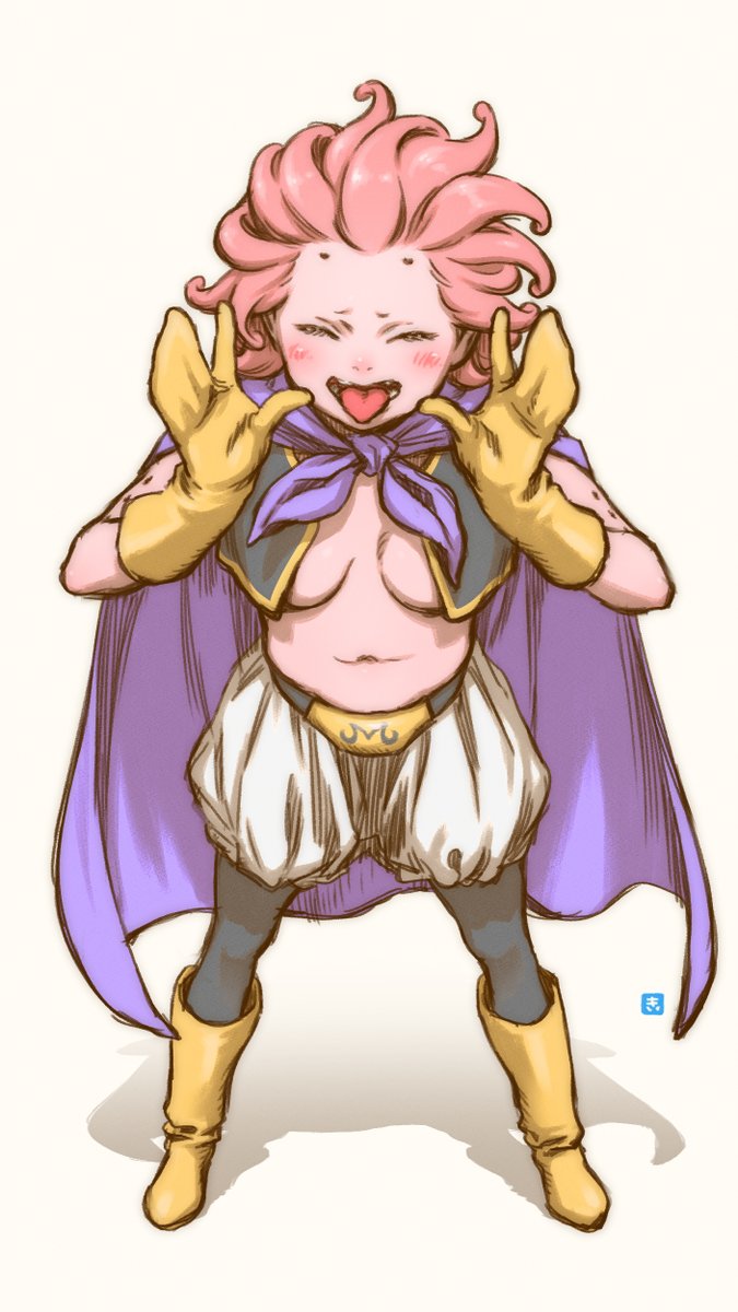 ^_^ black_pants black_vest breasts cape closed_eyes colored_skin dragon_ball dragon_ball_z full_body genderswap genderswap_(mtf) gloves highres key_(kagibangou) majin_buu medium_breasts open_clothes pants pink_hair pink_skin purple_cape shadow shorts standing taunting tentacle_hair vest white_background white_shorts yellow_footwear yellow_gloves