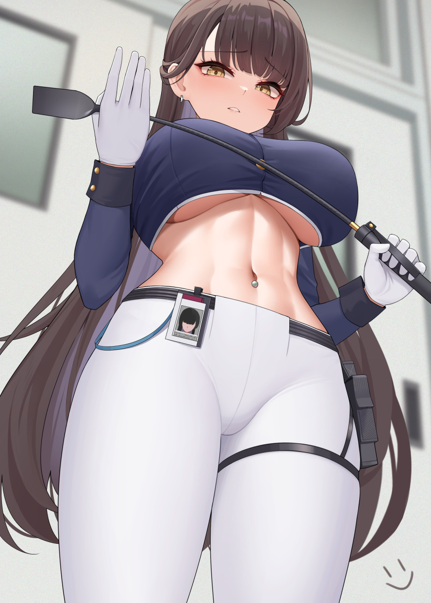 1girl breasts brown_hair commentary crop_top earrings from_below gloves goddess_of_victory:_nikke highres holding holding_riding_crop holster id_card indoors jewelry large_breasts long_hair long_sleeves looking_at_viewer looking_down marciana_(nikke) navel_piercing no_bra pants parted_lips piercing raised_eyebrows riding_crop solo underboob very_long_hair wei_xiao white_gloves white_pants yellow_eyes
