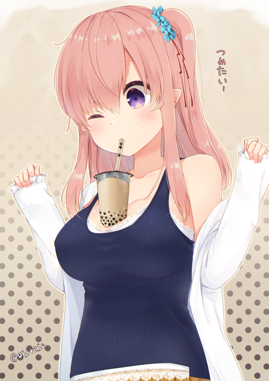 1girl blue_scrunchie blue_tank_top breasts bubble_tea bubble_tea_challenge coat collarbone drinking_straw hair_ornament hair_scrunchie highres long_hair nei_akutsu one_eye_closed original os_(os_fresa) pink_hair pleated_skirt pointy_ears purple_eyes scrunchie side_ponytail skirt sleeves_past_wrists solo tank_top twitter_username white_coat yellow_skirt