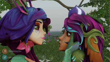 16:9 accessory animated anthro bite biting_lip duo female female/female flower flower_in_hair grass grass_field green_body green_sclera green_skin hair hair_accessory holding_face kissing league_of_legends lillia_(lol) lips loop low_res metalslay3rs nature nature_background neeko_(lol) outside pink_lips plant purple_hair riot_games scalie short_playtime taur tree widescreen yellow_eyes