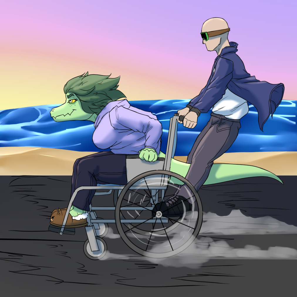 1:1 2023 alligator alligatorid anthro bald beach blue_sky bottomwear breasts clothing crocodilian denim denim_clothing detailed_background digital_drawing_(artwork) digital_media_(artwork) disability duo eyelashes female fingers footwear freckles green_body green_hair green_scales grey_eyes hair hoodie human i_wani_hug_that_gator inco_(iwhtg) jacket jeans light-skinned_male light_body light_skin male mammal olivia_(iwhtg) outside pants paraplegic reptile scales scalie sea seaside shoes sitting sky slippers smile sneakers snout topwear unknown_artist water wheelchair yellow_sclera