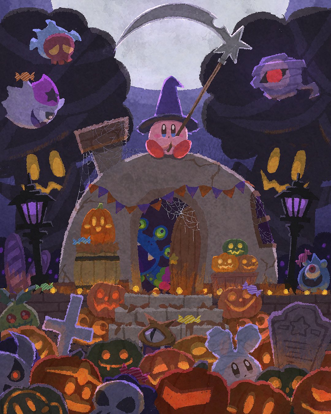 :o barrel blue_eyes blush_stickers character_request colored_skin crack cross full_moon garland_(decoration) halloween halloween_costume hat highres holding holding_scythe house jack-o'-lantern kirby kirby's_house kirby_(series) miclot moon night night_sky no_humans open_door open_mouth outdoors pink_skin purple_headwear red_footwear scarfy scythe shoes silk sitting sky spider_web stairs star_(symbol) tombstone tree witch_hat