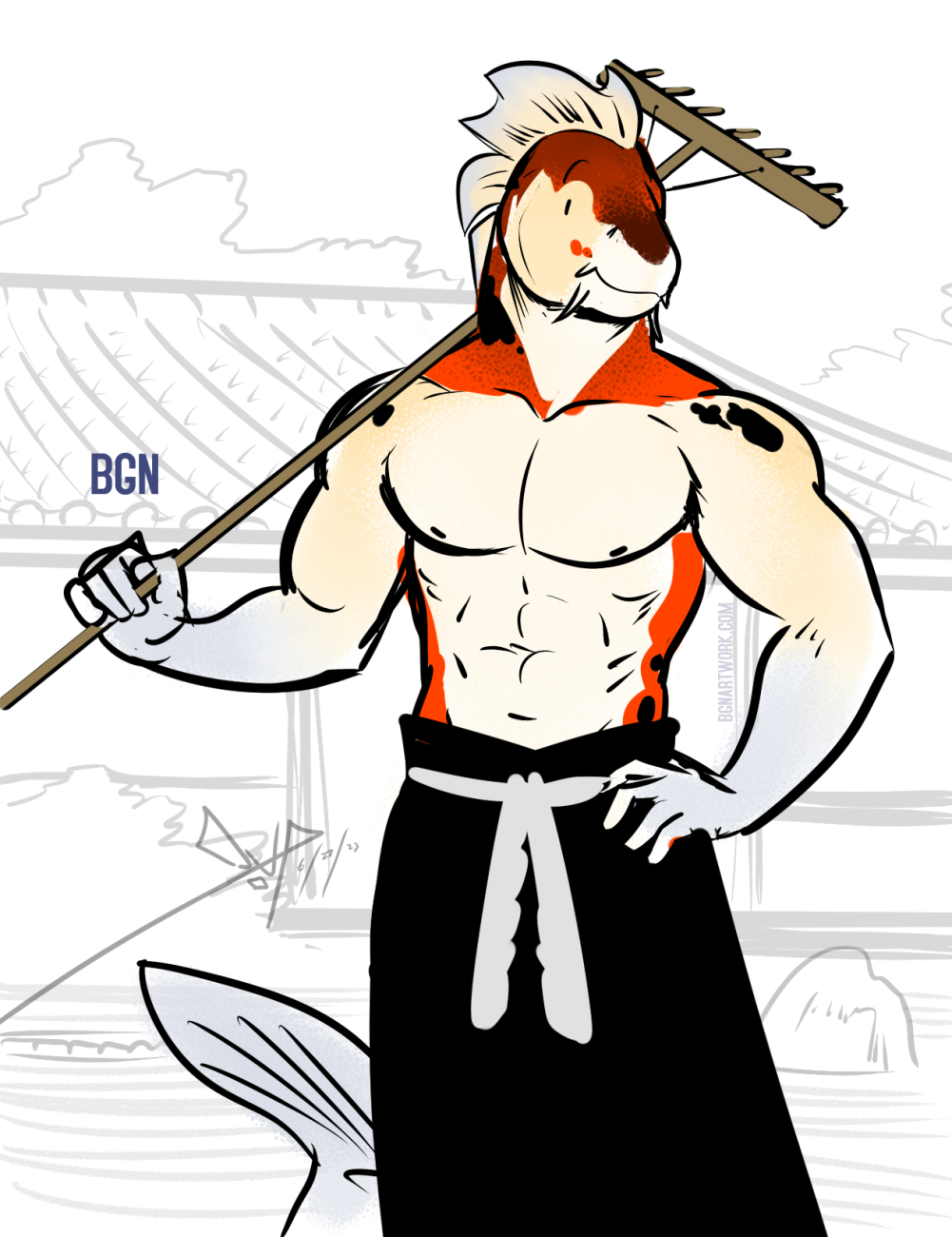 abs amur_carp anthro bgn bottomwear carp clothing cyprinid cypriniform fish hi_res koi looking_at_viewer male mammal marine muscular muscular_anthro muscular_male nipples pecs simple_background smile solo tail typical_carp