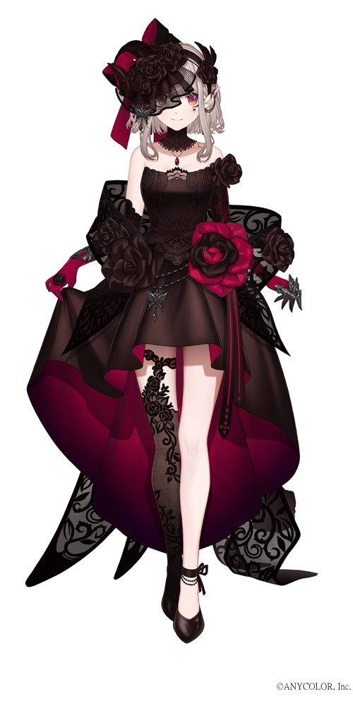 1girl anklet bare_shoulders black_dress black_flower black_footwear black_headwear black_rose black_thighhighs butterfly_tattoo closed_mouth detached_collar dress elf elu_(10th_costume)_(nijisanji) elu_(nijisanji) facial_tattoo flower full_body gloves grey_hair hair_flower hair_ornament headband high_heels hoojiro jewelry lace-trimmed_collar lace_trim necklace nijisanji official_art pink_flower pink_gloves pink_rose pointy_ears purple_eyes rose sacanahen simple_background single_thighhigh smile solo strapless strapless_dress tachi-e tattoo thighhighs virtual_youtuber white_background