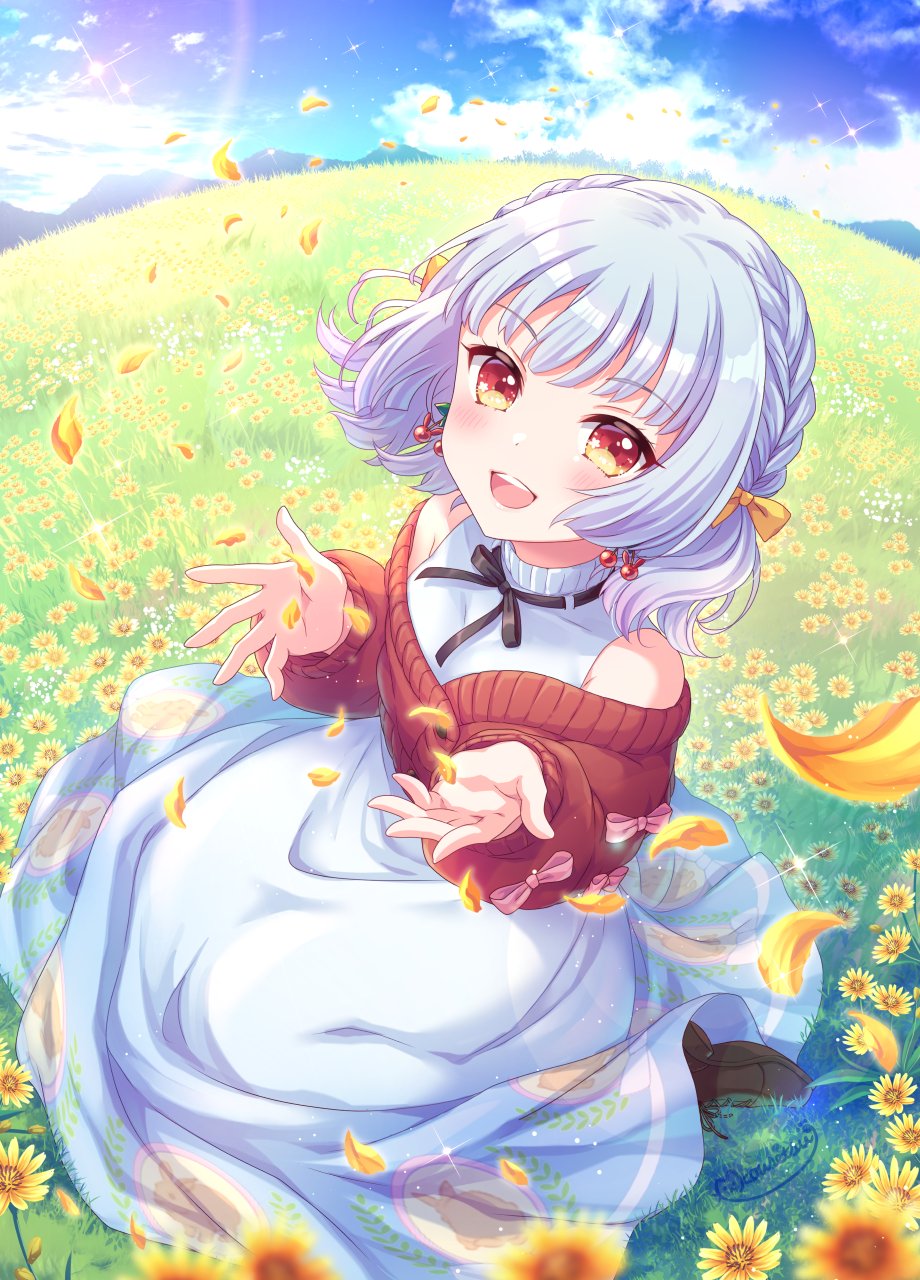 1girl :d bare_shoulders black_ribbon blue_skirt blue_sky blush bow braid cardigan commentary_request commission day eyelashes falling_petals floating_hair flower full_body grass hair_bow hands_up happy highres indie_virtual_youtuber kousetsu lens_flare long_skirt looking_at_viewer meadow nature neck_ribbon off_shoulder open_hands open_mouth outdoors petals red_cardigan red_eyes ribbon school_swimsuit shirt short_hair side_braids sitting skeb_commission skirt sky smile solo sparkle swimsuit teeth tomori_matsuri upper_teeth_only white_shirt wind wind_lift yellow_bow yellow_flower