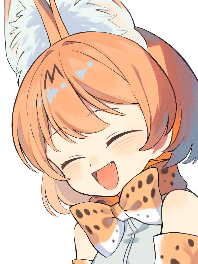 1girl animal_ears bare_shoulders blonde_hair blush bow bowtie cat_ears cat_girl closed_eyes elbow_gloves extra_ears fang gloves kemono_friends mimu_umui multicolored_hair open_mouth print_bow print_bowtie print_gloves serval_(kemono_friends) serval_print shirt short_hair sleeveless smile solo upper_body white_shirt