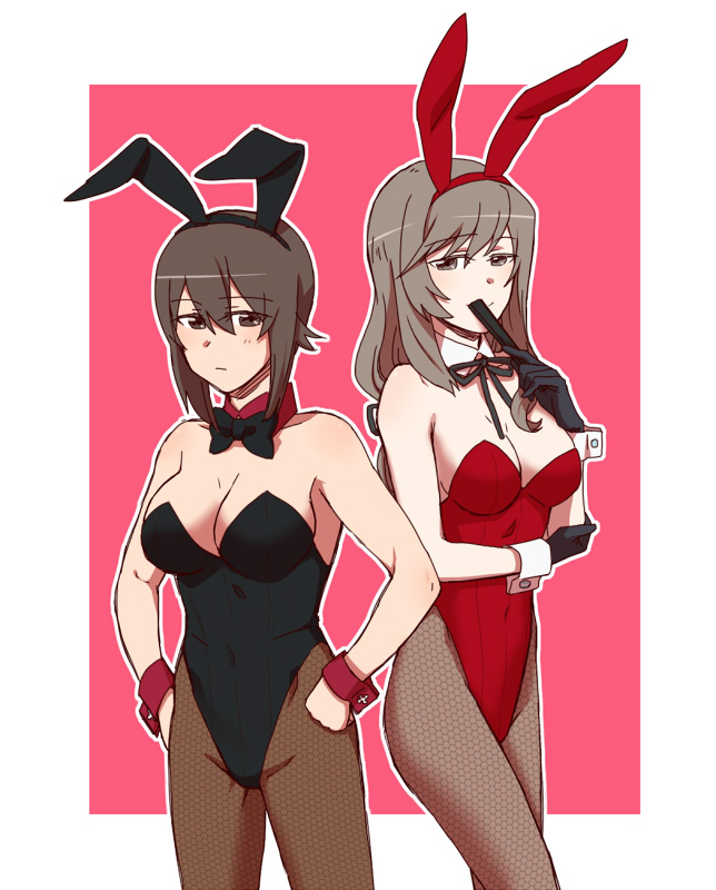2girls animal_ears black_bow black_bowtie black_gloves black_leotard blush bow bowtie breasts brown_eyes brown_hair brown_pantyhose cleavage closed_mouth covered_navel fake_animal_ears girls_und_panzer gloves hands_on_own_hips large_breasts leotard long_hair multiple_girls nishizumi_maho pantyhose playboy_bunny rabbit_ears red_leotard shimada_chiyo short_hair simple_background torinone