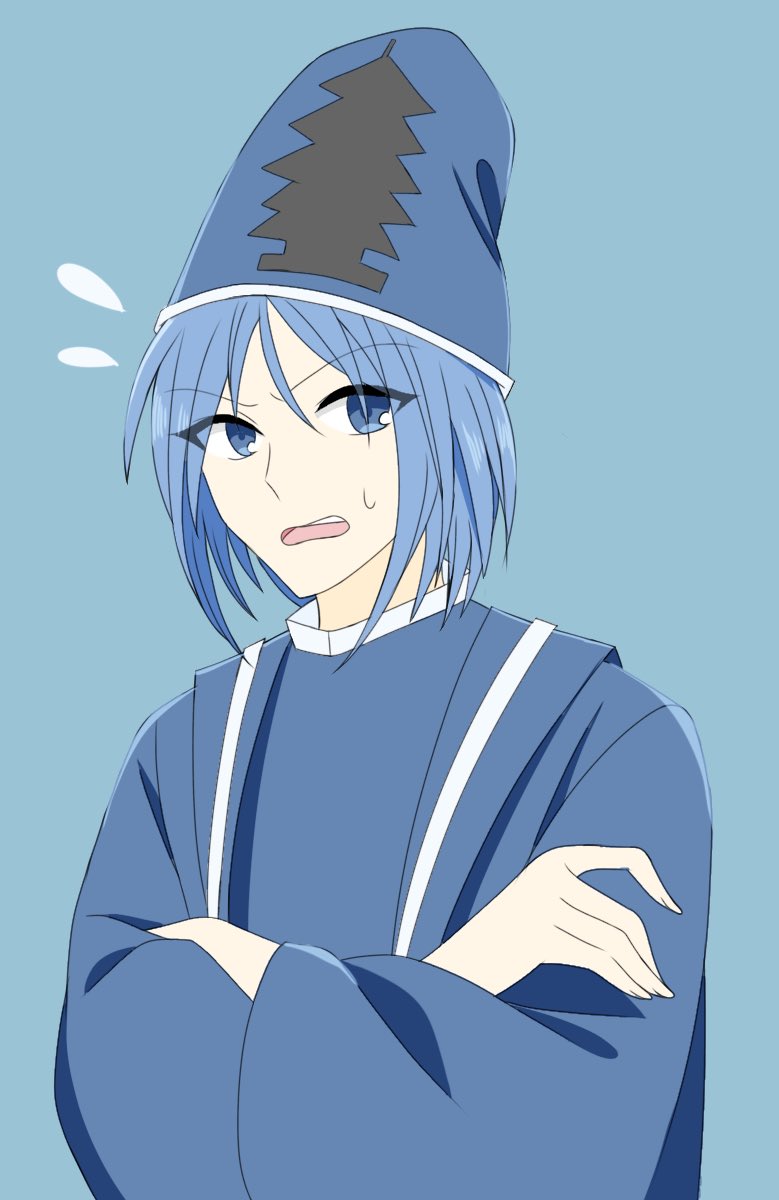 1other androgynous blue_background blue_eyes blue_hair blue_headwear commentary_request crossed_arms flying_sweatdrops hat highres japanese_clothes kariginu kashiwagi_kaoru l86haru68maki90 len'en long_sleeves open_mouth other_focus short_hair simple_background sketch solo sweat teeth upper_body upper_teeth_only