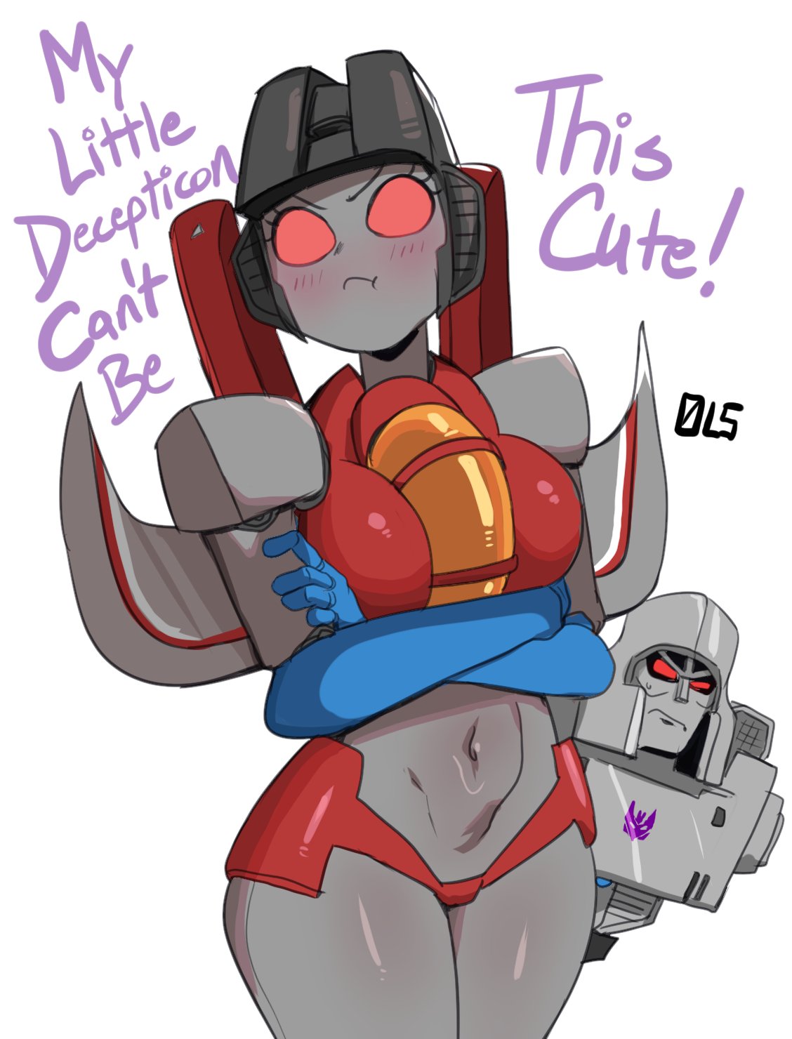 1boy 1girl can't_be_this_cute commentary cowboy_shot crop_top crossed_arms decepticon english_text genderswap genderswap_(mtf) hetero highres insignia lightsource mecha megatron navel no_humans ore_no_imouto_ga_konna_ni_kawaii_wake_ga_nai parody red_eyes robot science_fiction simple_background solo_focus starscream symbol-only_commentary title_parody transformers white_background