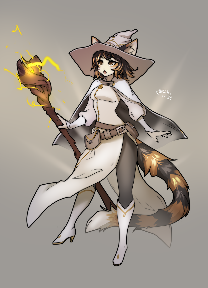 anthro clothed clothing domestic_cat dragonfu felid feline felis female fluffy fluffy_tail fully_clothed hat headgear headwear hi_res mammal simple_background solo tail witch_costume witch_hat