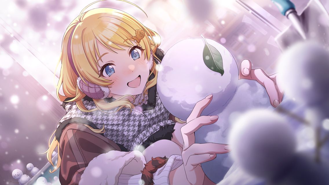 1girl :d ahoge backlighting blonde_hair blue_eyes blurry blurry_foreground blush bokeh breath brown_coat coat depth_of_field earmuffs fingernails fish_hair_ornament foreshortening fur-trimmed_coat fur_bracelet fur_trim game_cg grey_scarf hachimiya_meguru hair_flaps hair_ornament hairclip holding_snowman houndstooth idolmaster idolmaster_shiny_colors long_hair long_sleeves looking_at_object official_art open_mouth outdoors ribbed_sweater scarf smile snowing snowman solo squatting sweater upper_body white_sweater winter_clothes