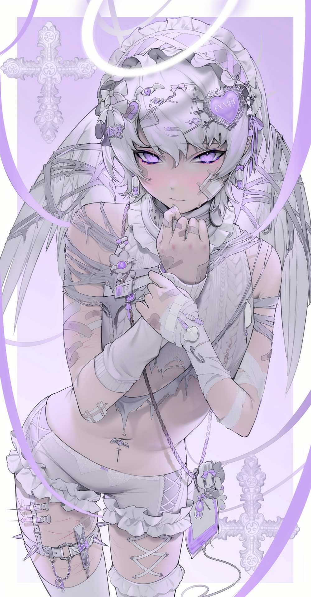 1boy angel_wings arm_warmers bandaged_arm bandages bandaid bandaid_on_face bandaid_on_hand border bow boxcutter corset_piercing crop_top cross earrings frilled_pants frills hairband halo highres intravenous_drip jewelry latin_text legwear_garter limited_palette lolita_hairband mazamuno multiple_scars navel_piercing non-web_source original pale_skin pants piercing pill pill_earrings purple_eyes purple_theme rope safety_pin scar scar_on_leg simple_background single_tear source_request standing syringe torn_clothes white_bow white_hair wings worried