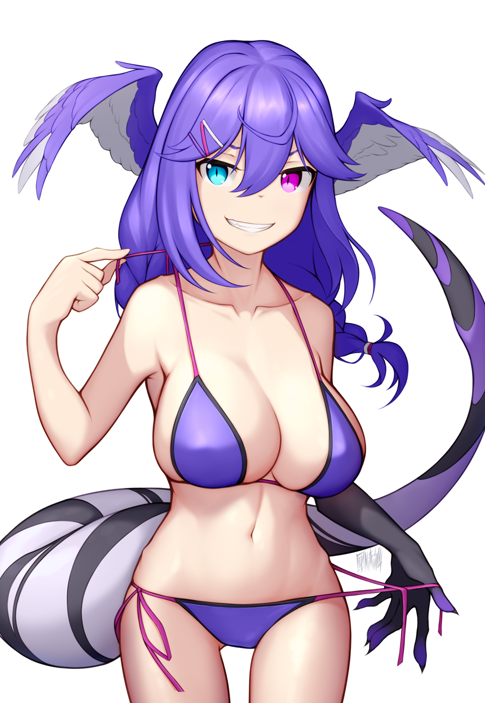 1girl bare_shoulders bikini blue_eyes breasts cleavage collarbone commentary dragon_girl dragon_tail hair_ornament hairclip head_wings heterochromia highres large_breasts looking_at_viewer medium_hair navel nijisanji nijisanji_en nitrus purple_bikini purple_eyes purple_hair purple_wings selen_tatsuki side-tie_bikini_bottom smile solo string_bikini swimsuit symbol-only_commentary tail untied untied_bikini virtual_youtuber wings