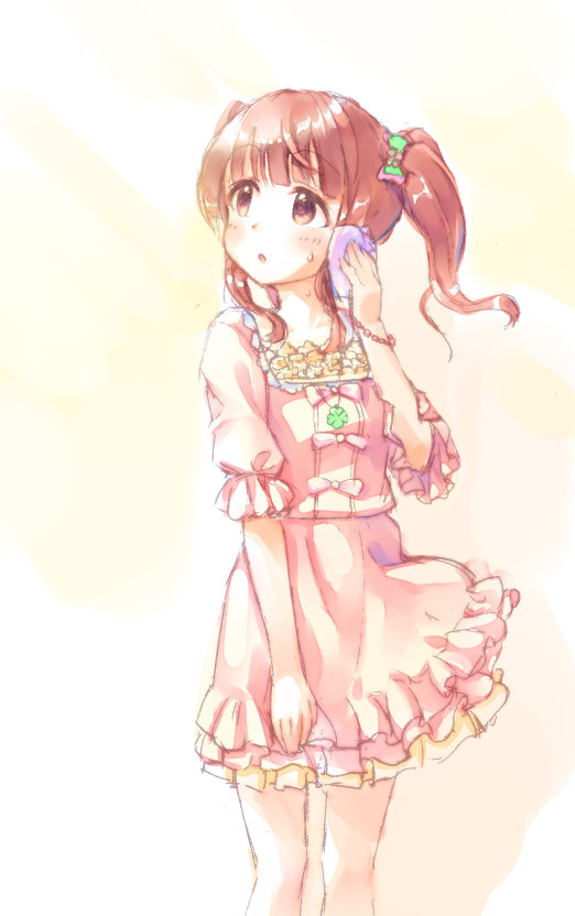 1girl blush bracelet brown_eyes brown_hair dress feet_out_of_frame handkerchief idolmaster idolmaster_cinderella_girls jewelry kawaseki long_hair ogata_chieri open_mouth pink_dress simple_background sketch solo sweat twintails wiping_sweat