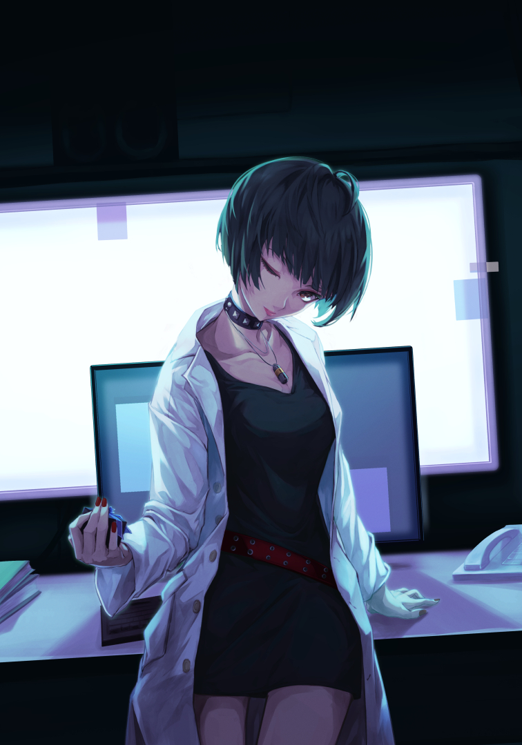 1girl arm_support bangs belt black_collar black_dress black_hair bob_cut breasts buttons coat collar computer dress hand_up head_tilt holding indoors jewelry labcoat lipstick long_sleeves looking_at_viewer makeup medium_breasts monitor nail_polish nurse one_eye_closed online_neet open_clothes open_coat open_labcoat pendant persona persona_5 phone pink_lips red_belt red_eyes red_nails short_dress short_hair solo studded_belt studded_collar takemi_tae white_coat