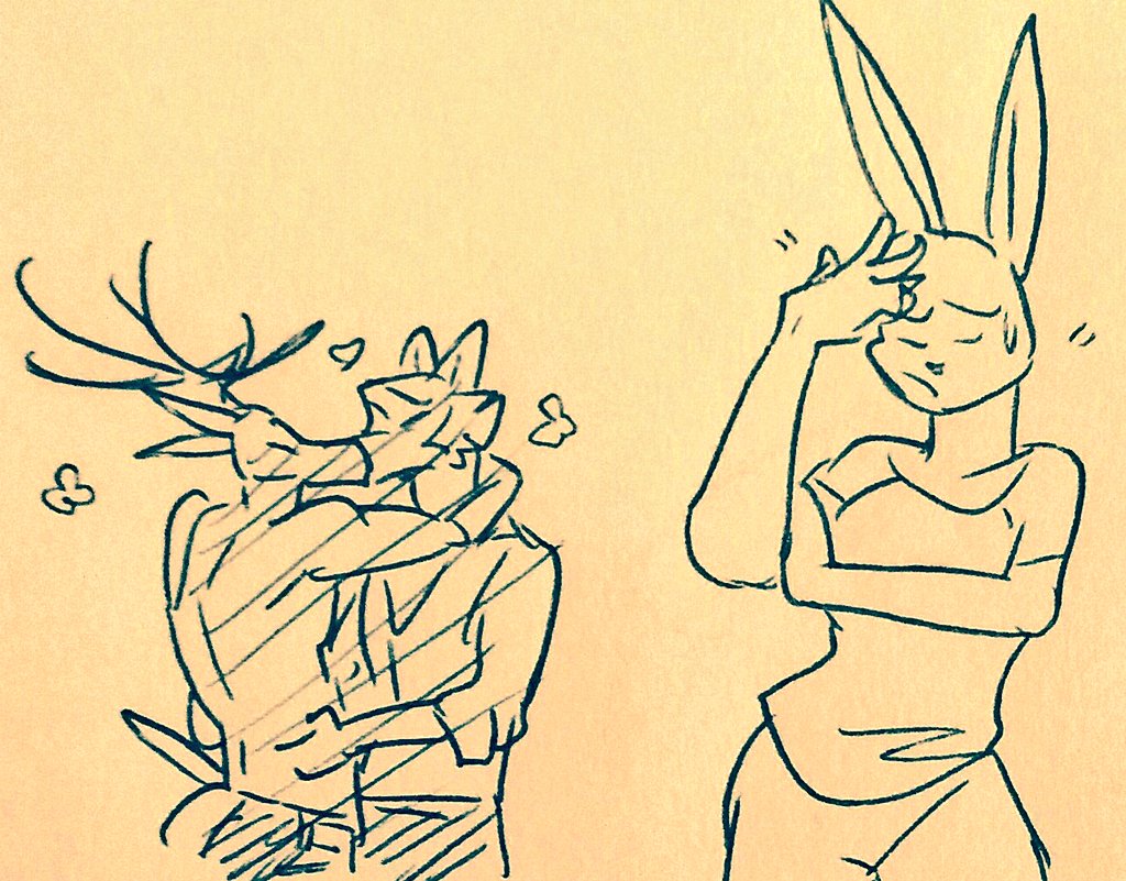 annoyed annoyed_expression anthro antlers beastars canid canine canis deer duo embrace eyes_closed female group haru_(beastars) horn hug humor kiss_on_lips kissing lagomorph legoshi_(beastars) leporid louis_(beastars) male male/male mammal rabbit shirtless shirtless_male trio wolf wuffinarts